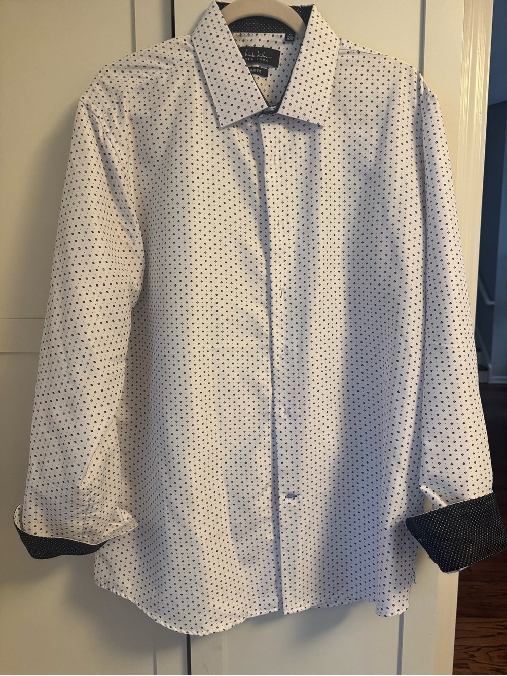 Nicole Miller White Dress Shirt with Black Micro Dot